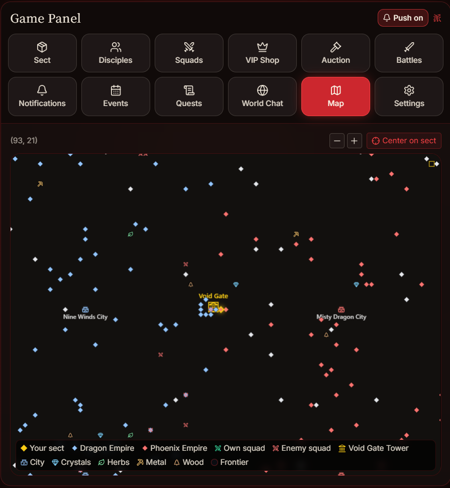 World map: sects, squads and resources